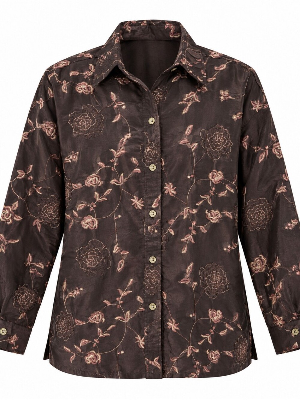 Vintage "Deed" Brown Embroidered 3D Floral Long Sleeve Button Down Shirt XL